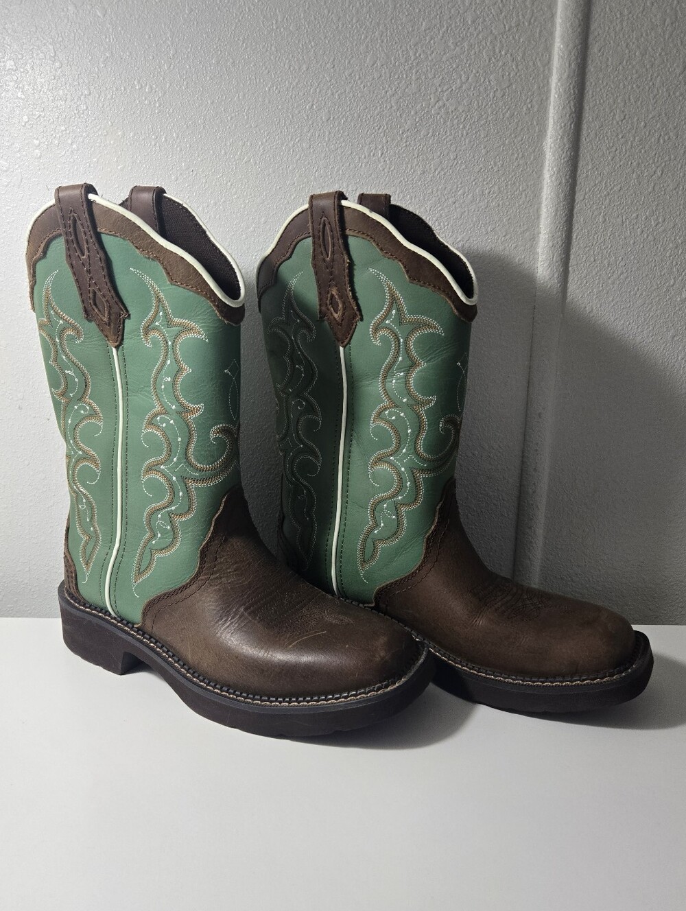 Justin's Women's Western Cowboy Boots - Brown Leather & Mint Green Shaft